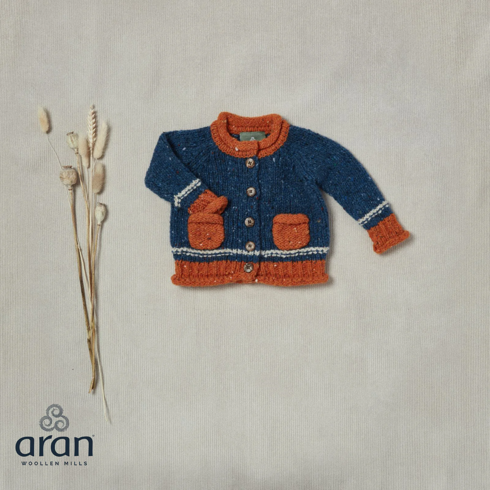 Baby Roll Neck Blue Aran Cardigan - Image 2