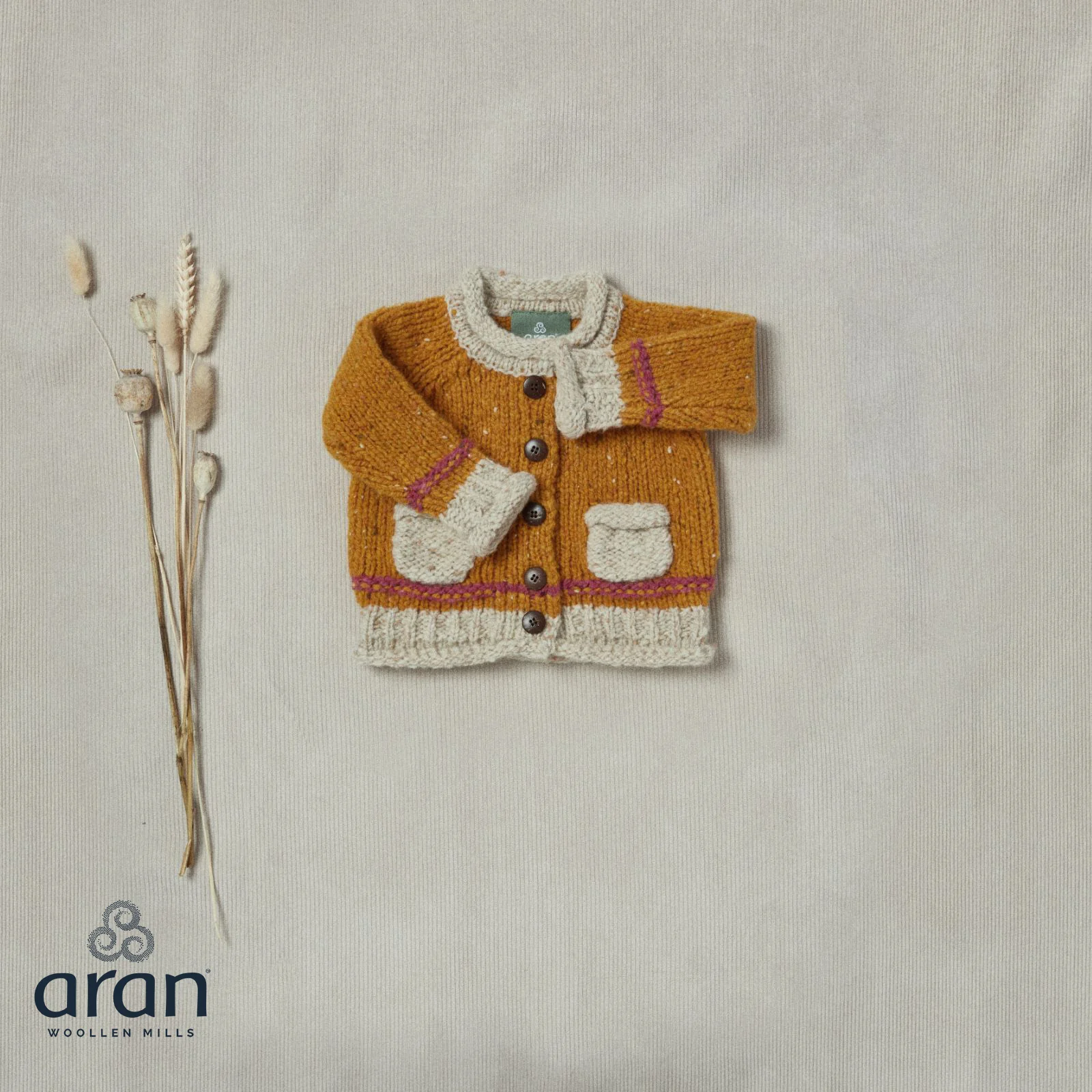 Baby Roll Neck Mustard Aran Cardigan - Image 2