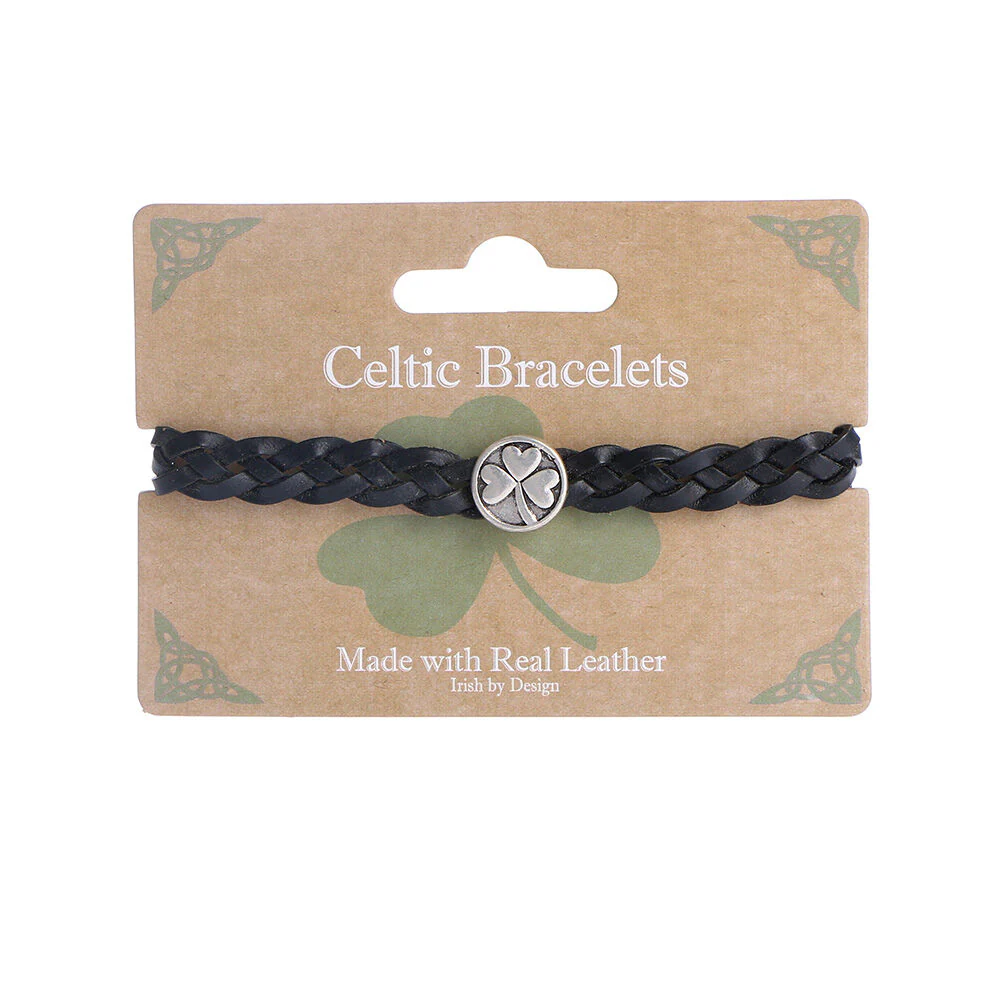 Celtic 4 Strand Leather Bracelet With Shamrock Charm Black - Image 2