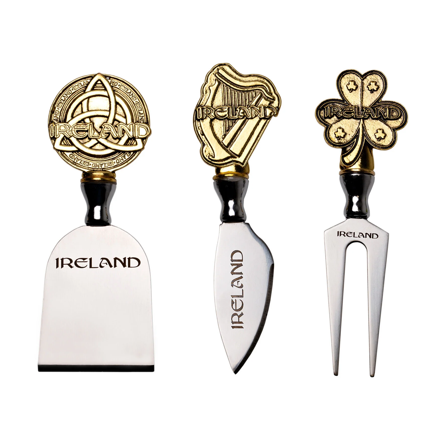 Celtic Ireland Designed 3 Pack Of Cheese Knives Shamrock Harp & Trinity Knot Design