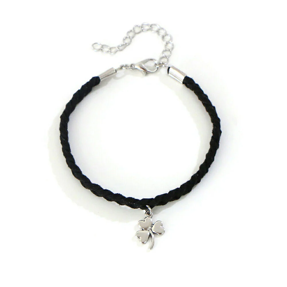 Celtic Leather Thick Plaited Bracelet With Shamrock Charm Black