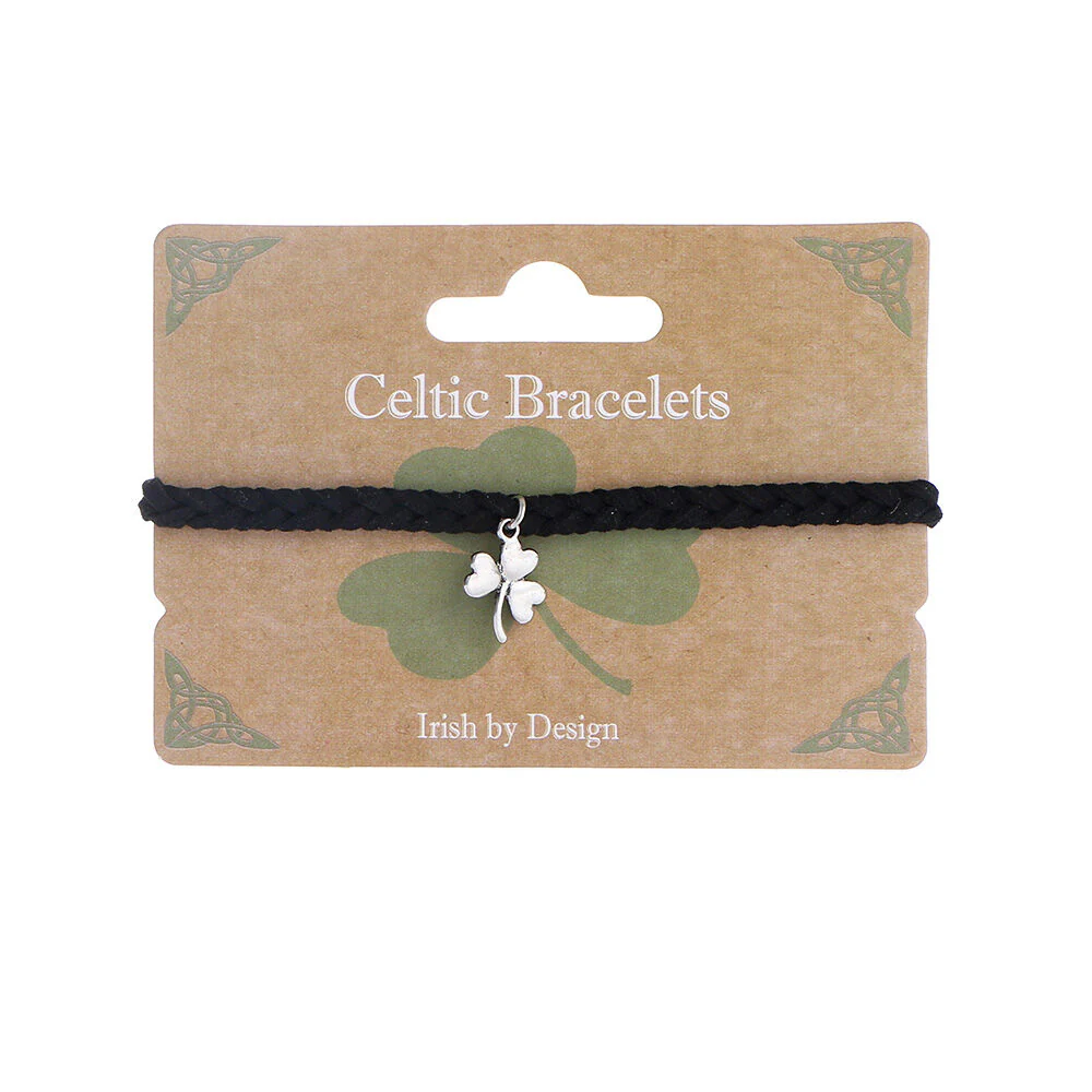 Celtic Leather Thick Plaited Bracelet With Shamrock Charm Black - Image 2