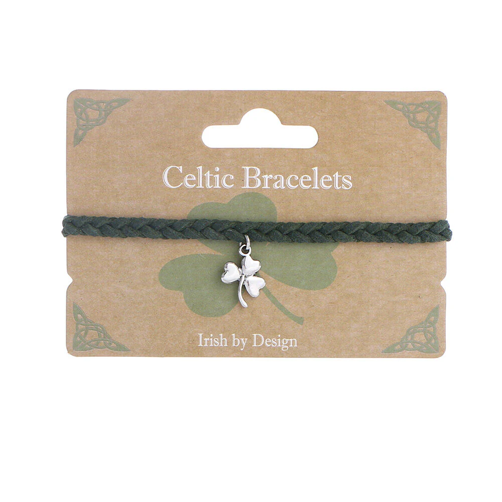 Celtic Leather Thick Plaited Bracelet With Shamrock Charm Green - Image 2