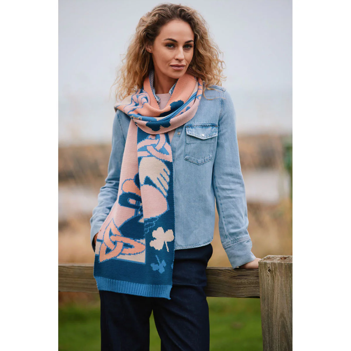 Claddagh Blue and Salmon Knit Scarf - Image 3
