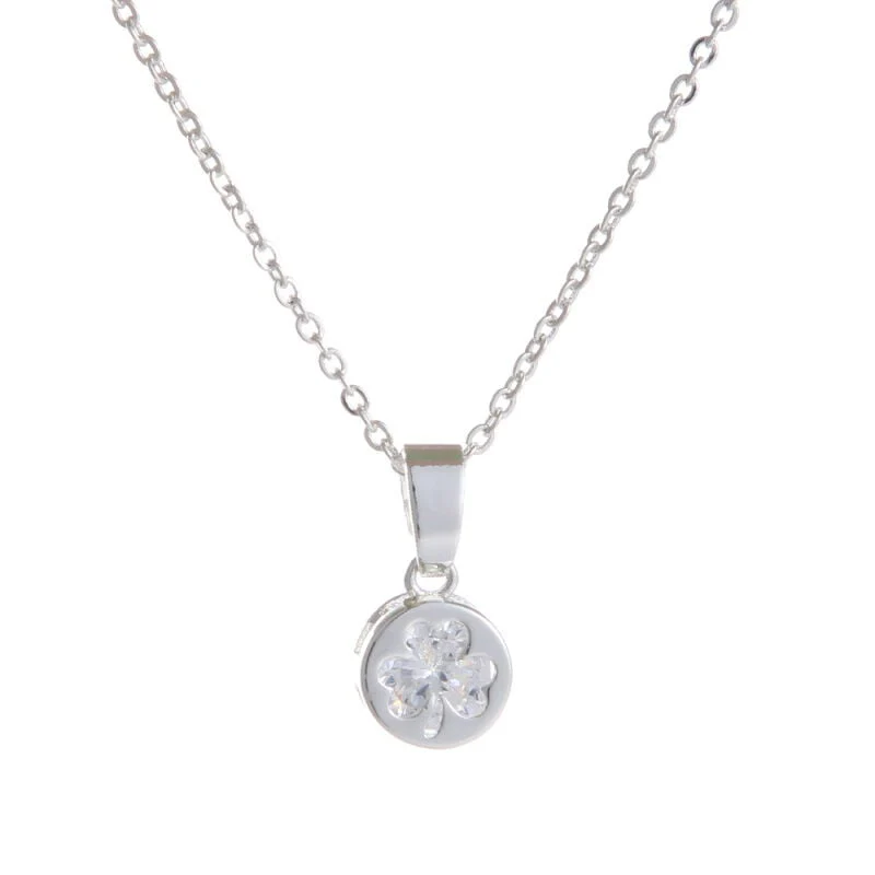 Grá Collection Silver Plated Cubic Zirconia Shamrock Design In Circle Necklace