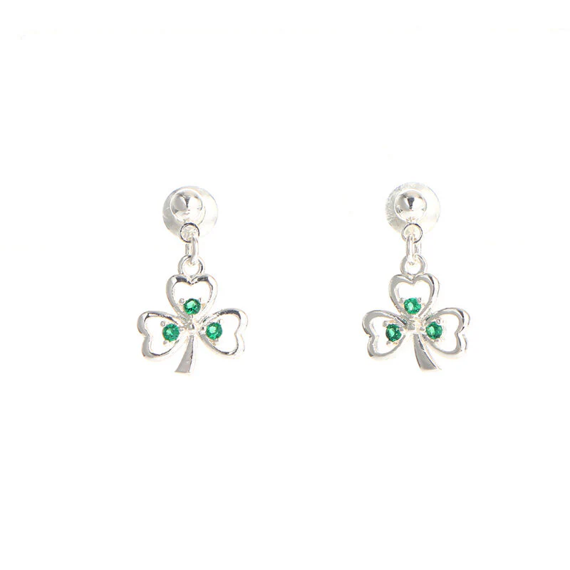 Grá Collection Silver Plated Shamrock With 3 Mini Green Cubic Zirconia Stones Earrings - Image 2