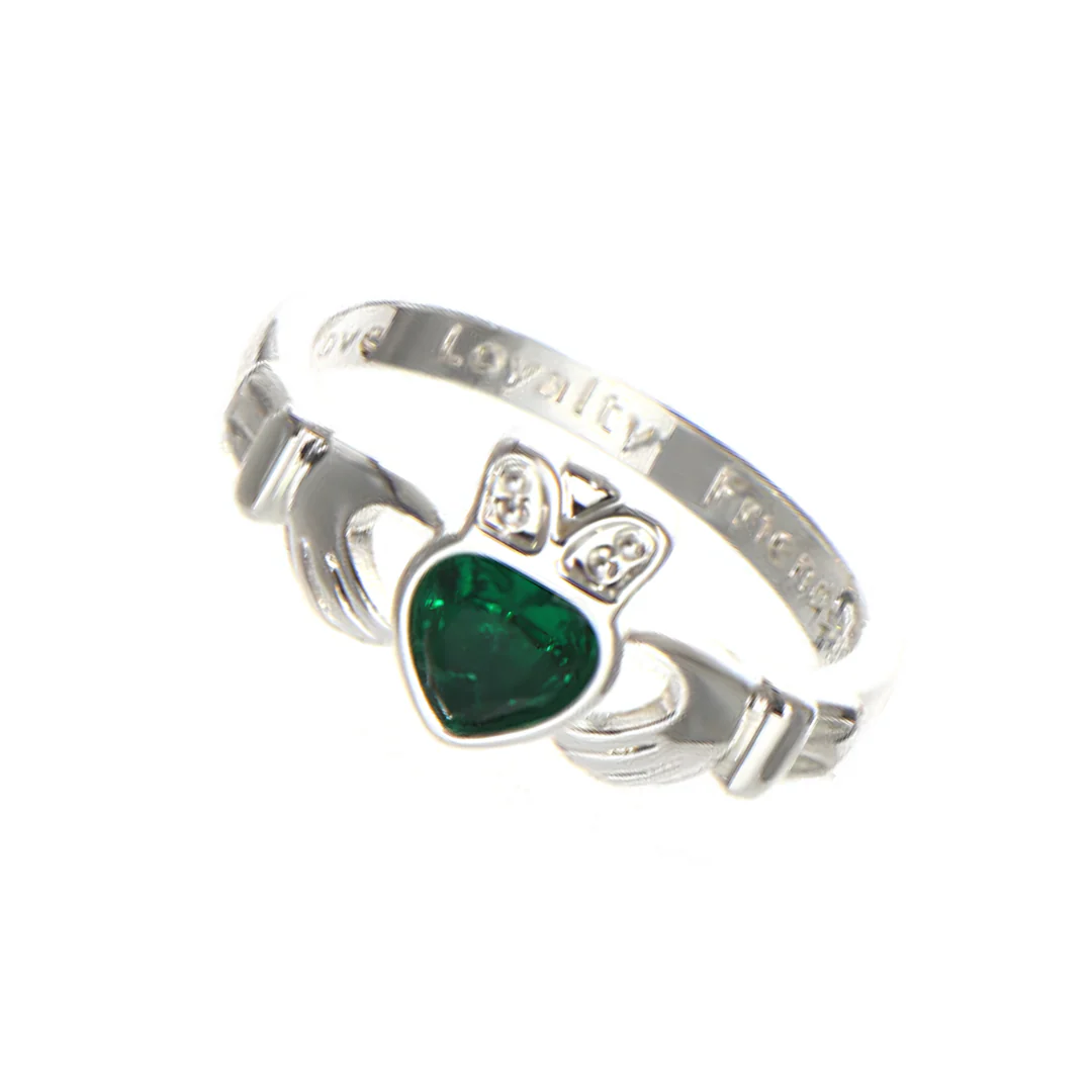 Gra Silver Plated Claddagh Ring Green CZ