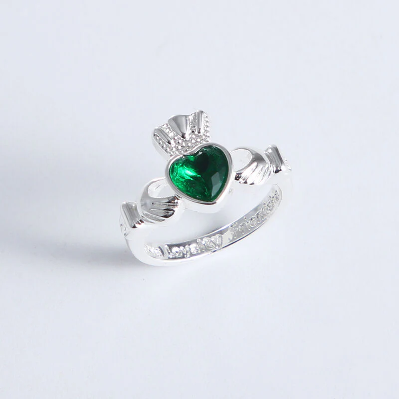 Gra Silver Plated Claddagh Ring Green CZ - Image 2