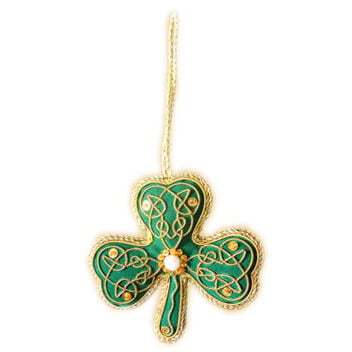 Green Shamrock Shaped Hanging Christmas Decoration With Gold Celtic Needlework