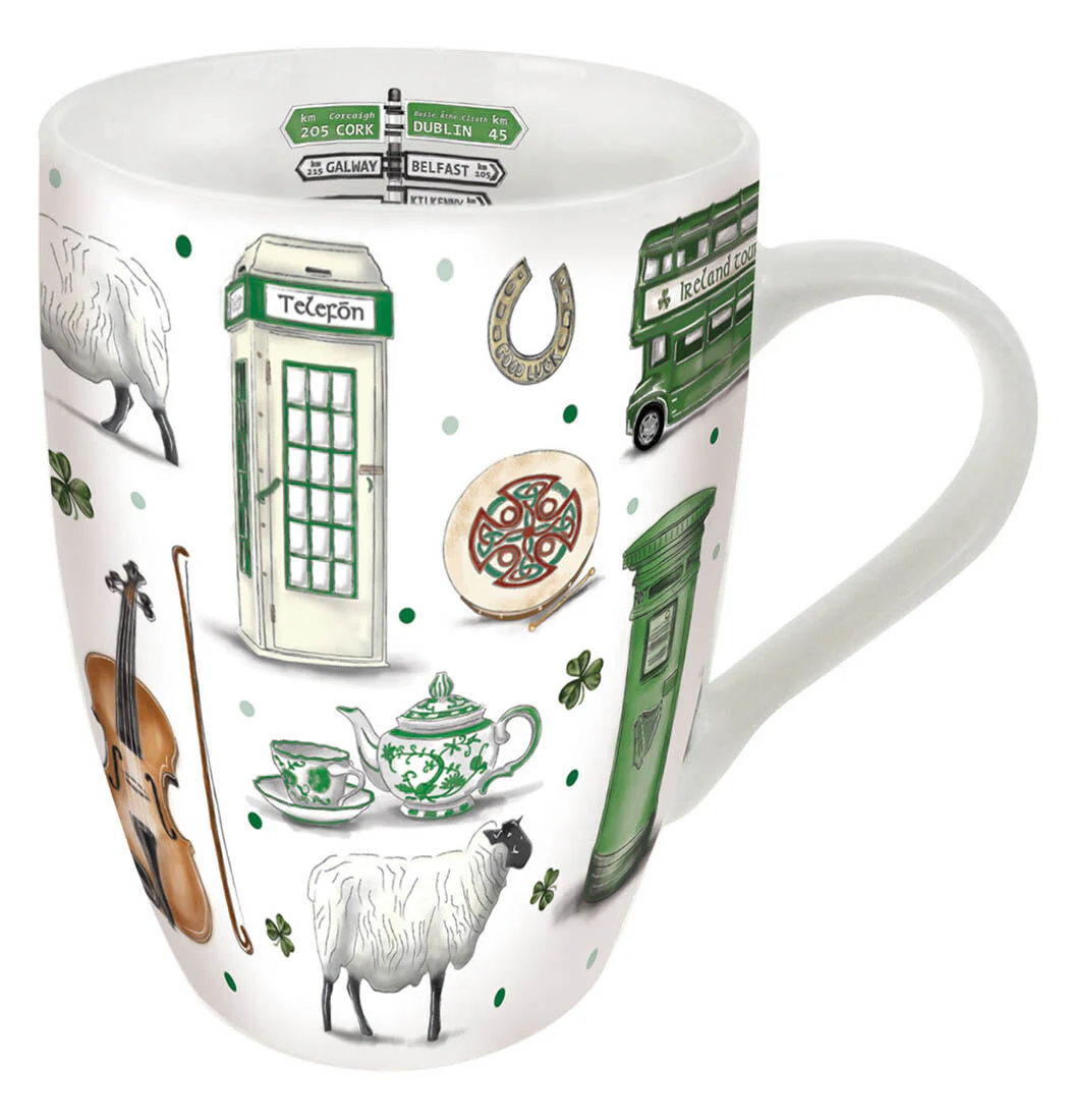 Impressions Of Ireland White Ceramic Tulip Mug With Irish Scenes Design