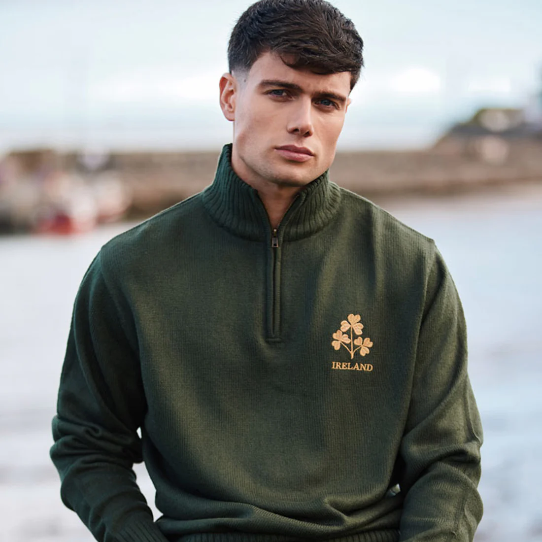 Ireland Bottle Green Three Shamrock 1/4 Zip Jumper - Image 2