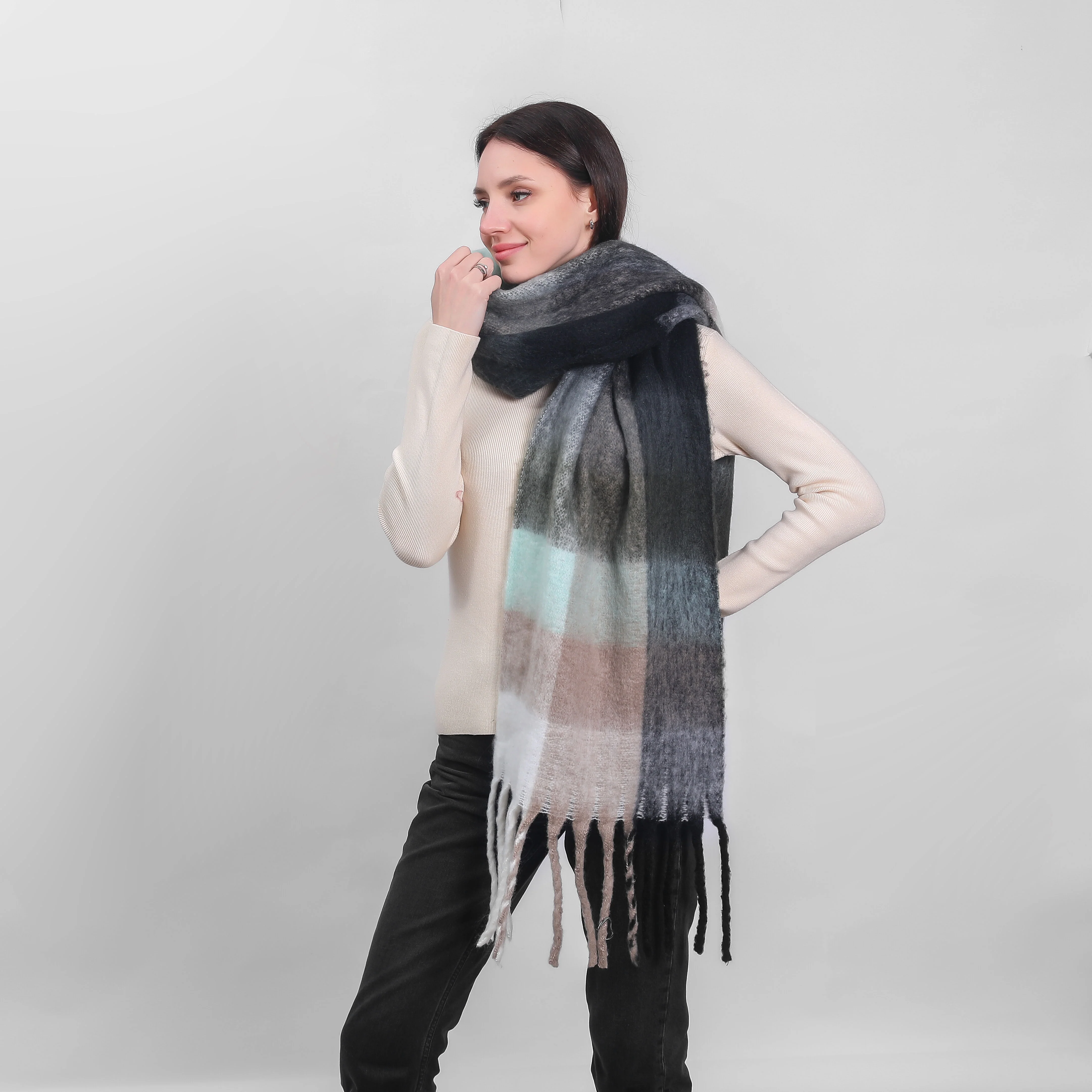 Irish Soft Check Scarf Green Grey - Image 2