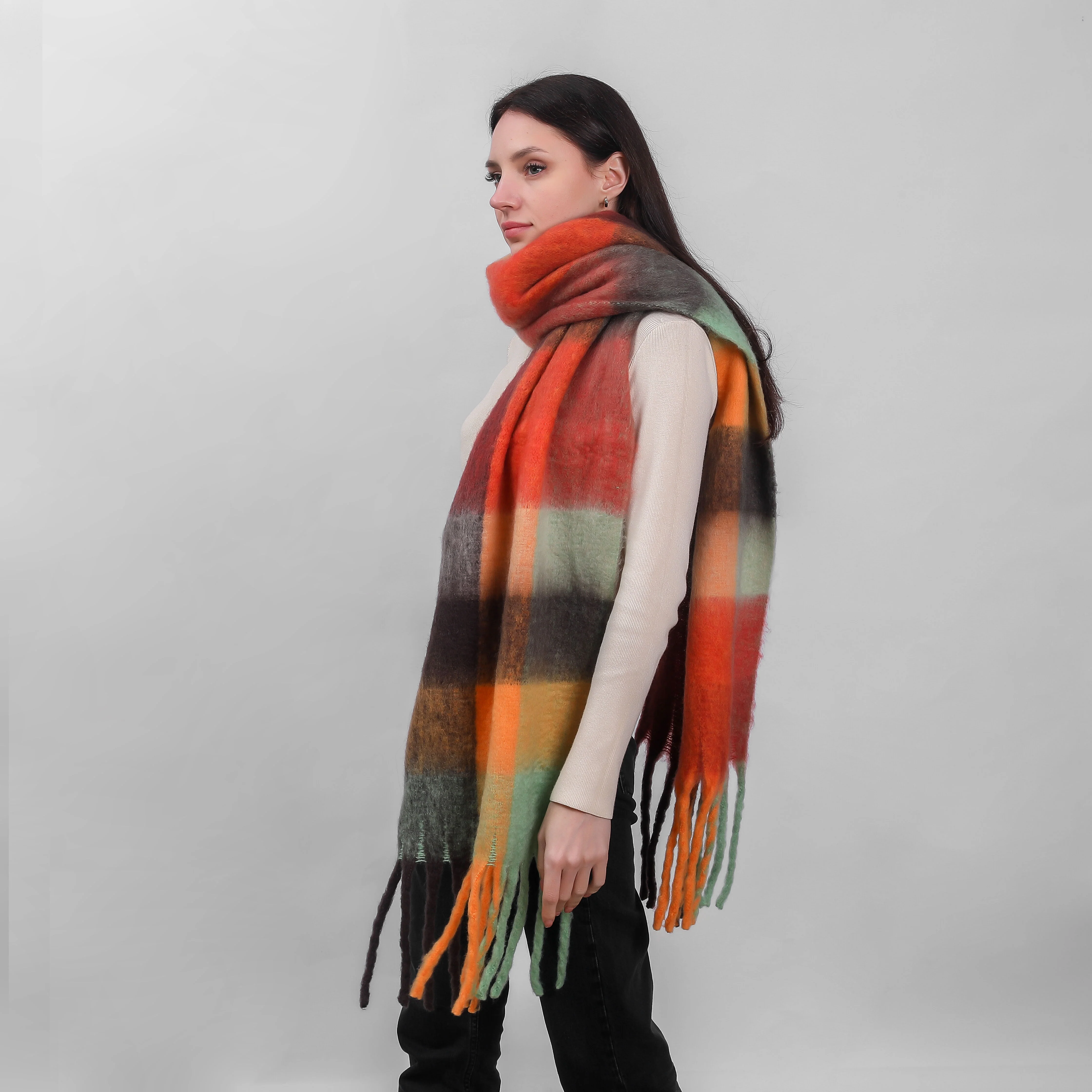 Irish Soft Check Scarf Pink Rust Mustard - Image 2