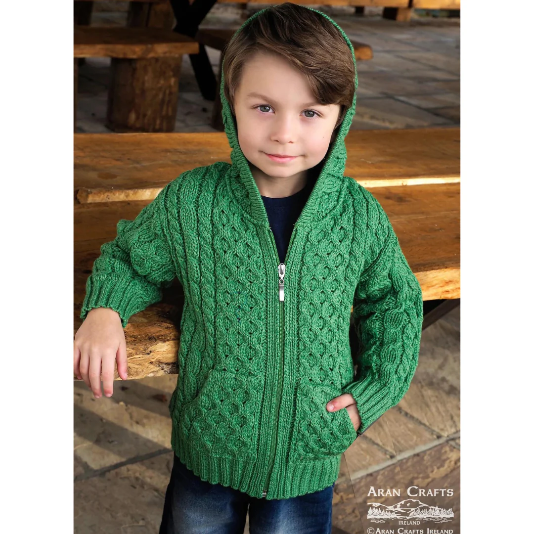 Kids Aran Hooded Zip Green Cardigan - Image 3