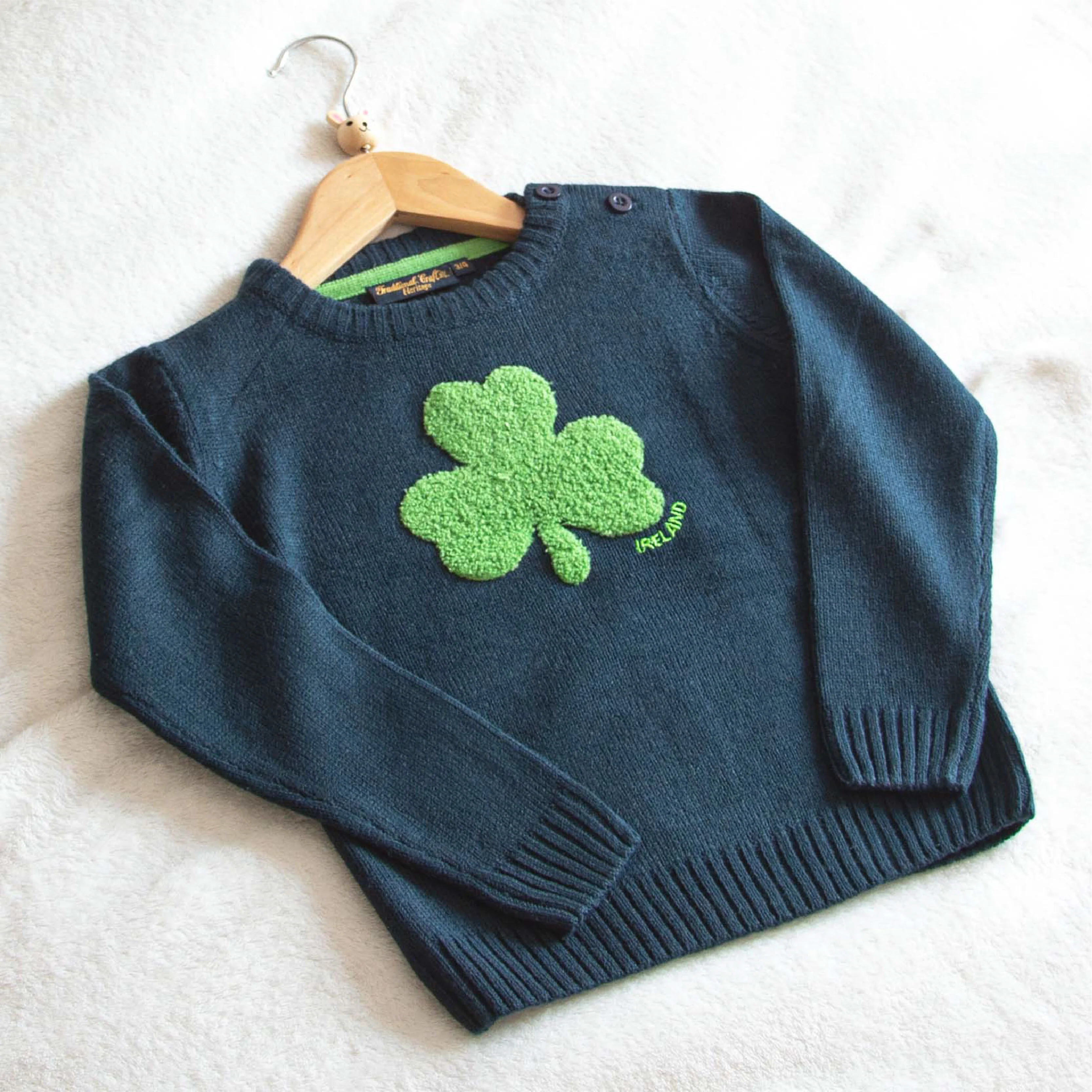 Kids Crew Neck Jumper With Fluffy Shamrock Navy - Image 2
