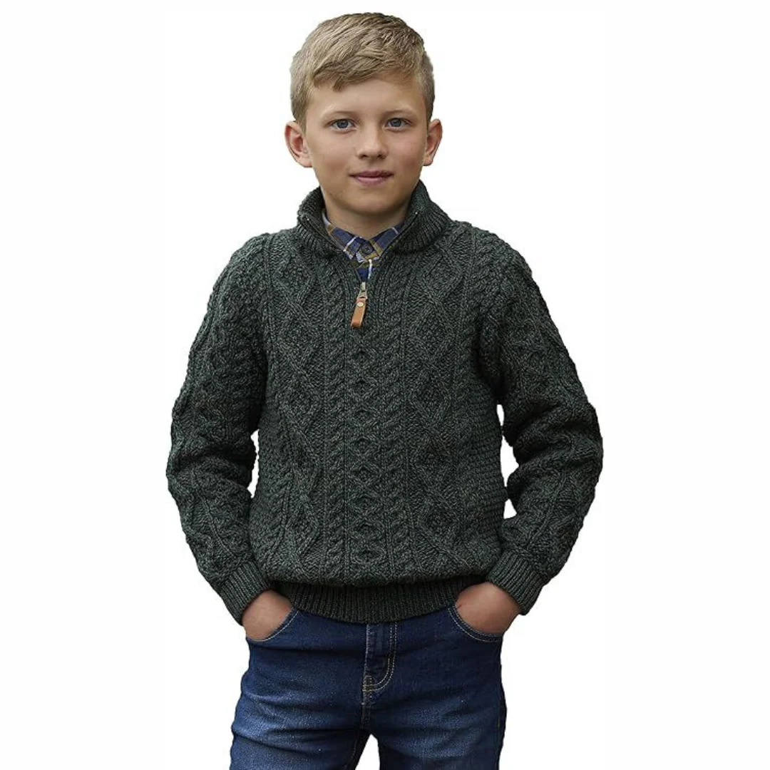 Kids Quarter Zip Merino Wool Green Jumper