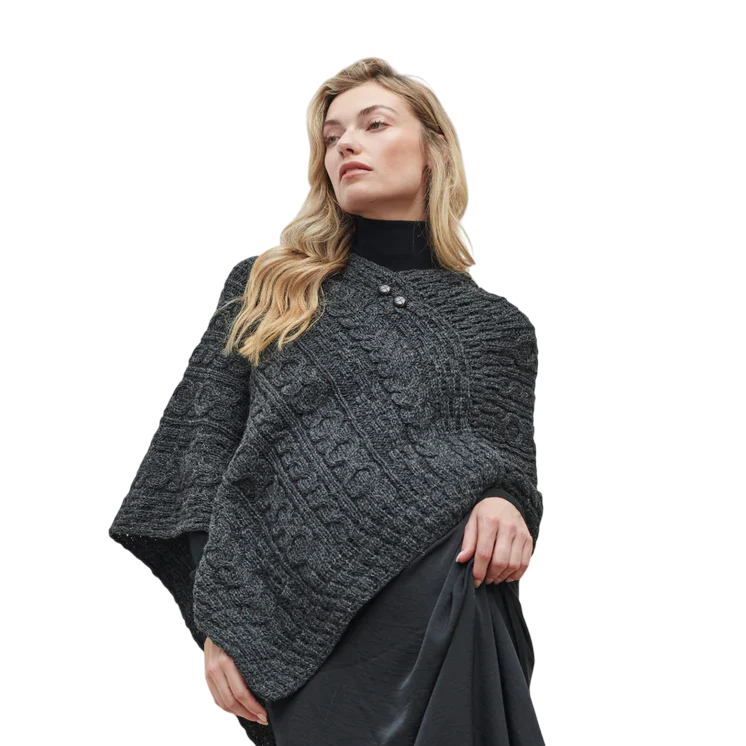 Ladies Aran Knit Charcoal Poncho