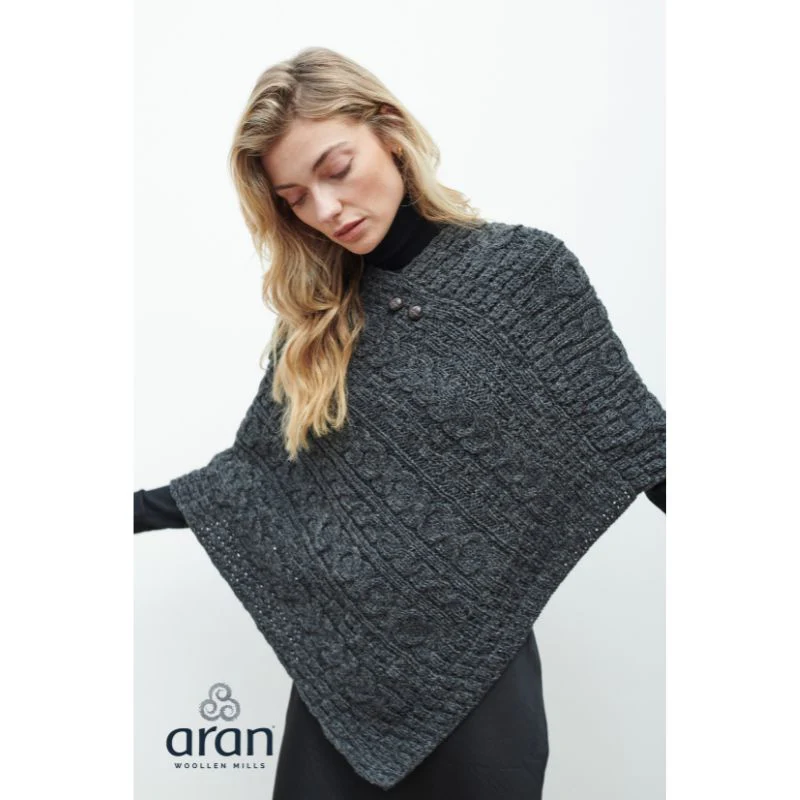 Ladies Aran Knit Charcoal Poncho - Image 2