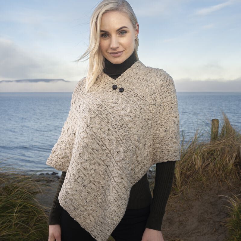 Ladies Aran With Button Detail Oatmeal Poncho - Image 2