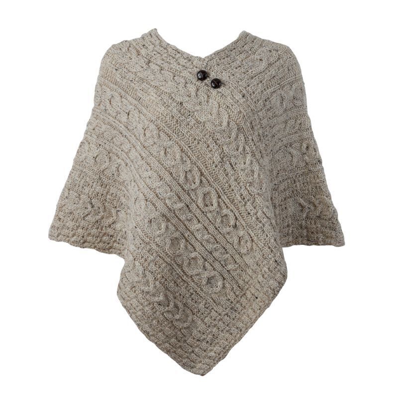 Ladies Aran With Button Detail Oatmeal Poncho - Image 3