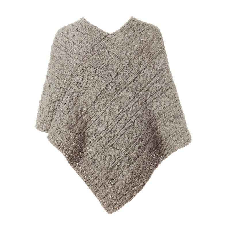Ladies Aran With Button Detail Oatmeal Poncho - Image 4