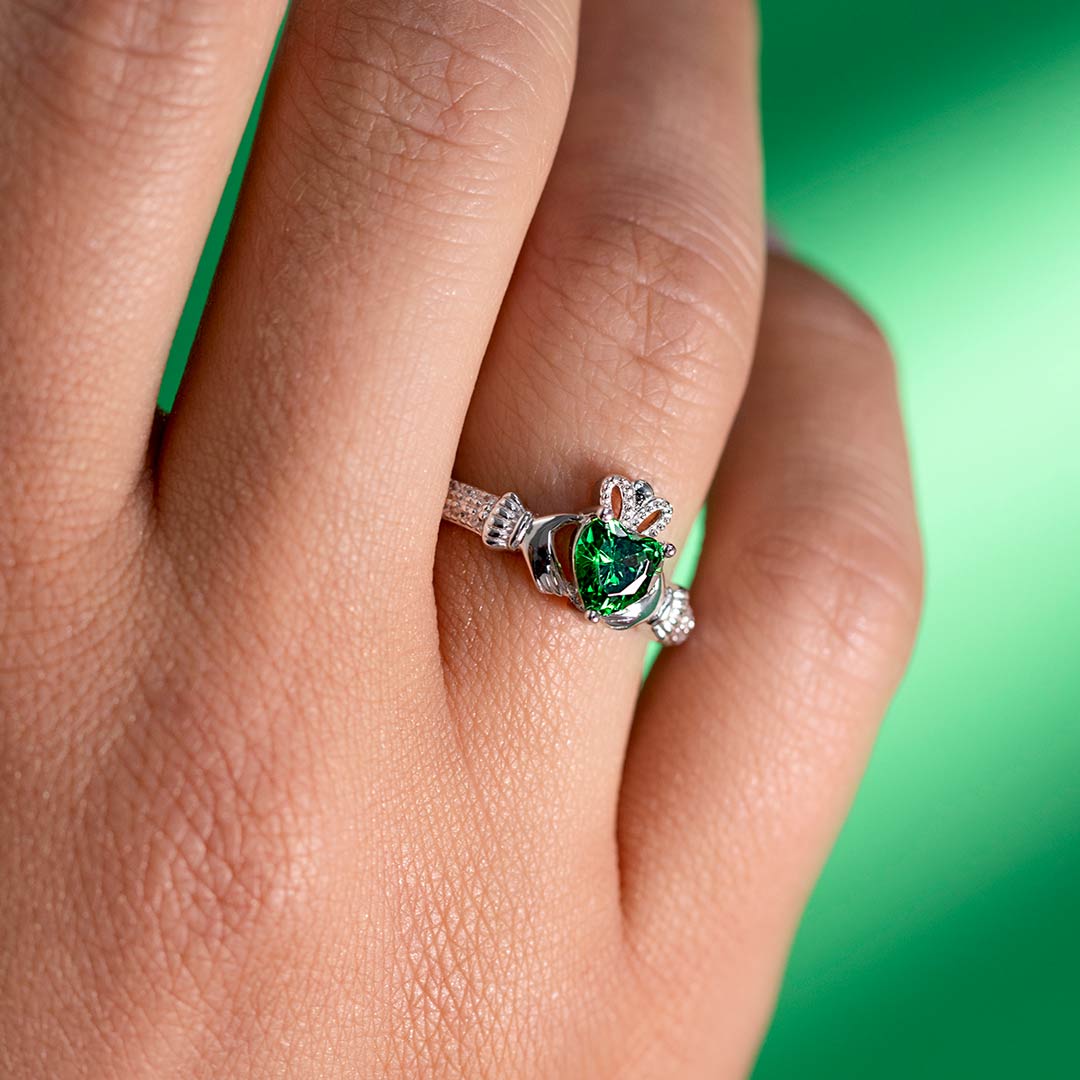May Birthstone Emerald Claddagh Ring - Image 2