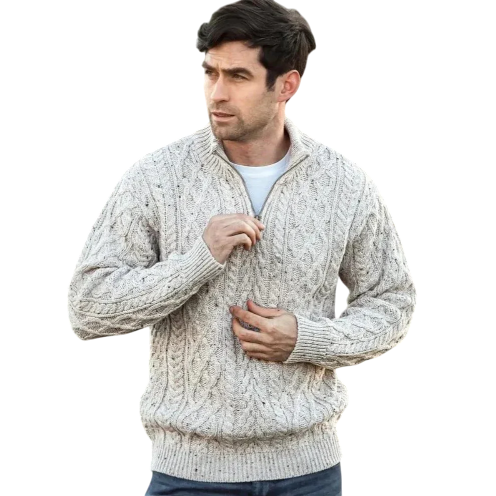 Men's Aran Half Zip Oatmeal Jumper