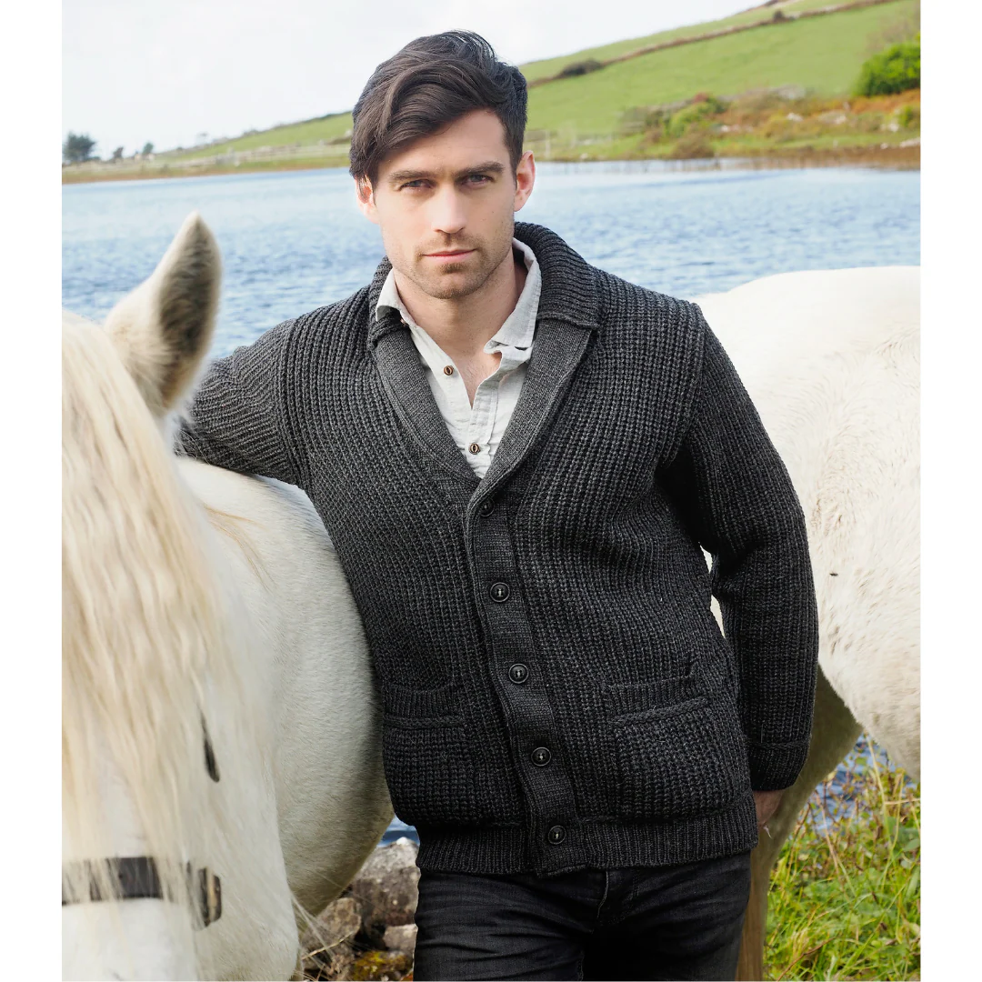 Mens Aran Knit Ribbed Charcoal Cardigan - Image 2