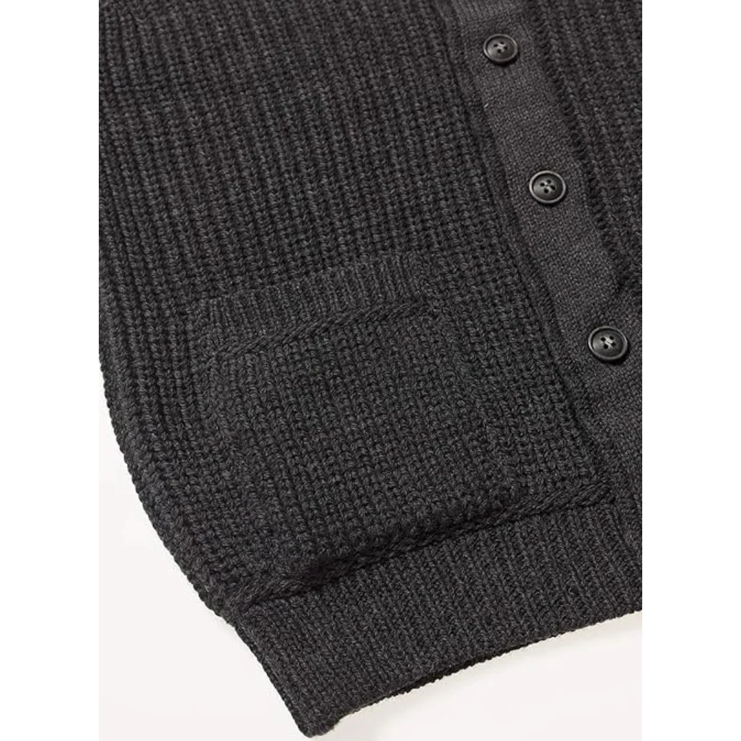 Mens Aran Knit Ribbed Charcoal Cardigan - Image 4