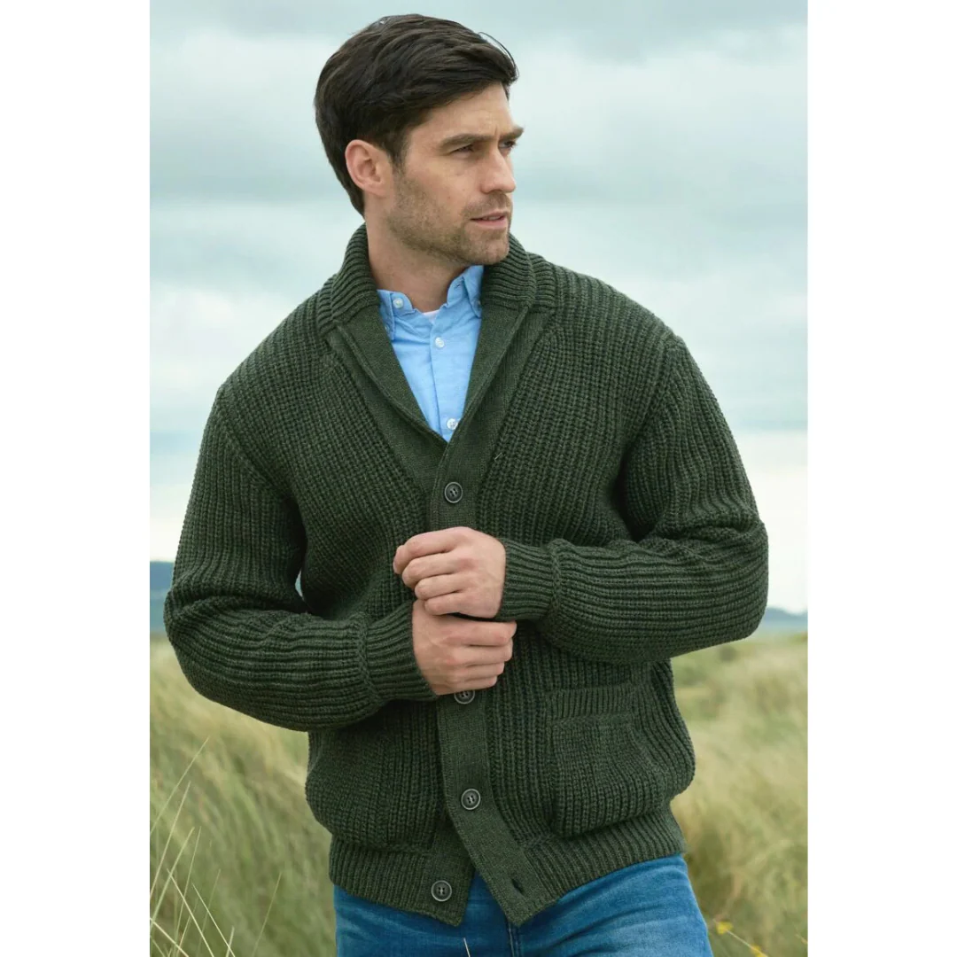 Men's Aran Knit Ribbed Green Cardigan - Image 2