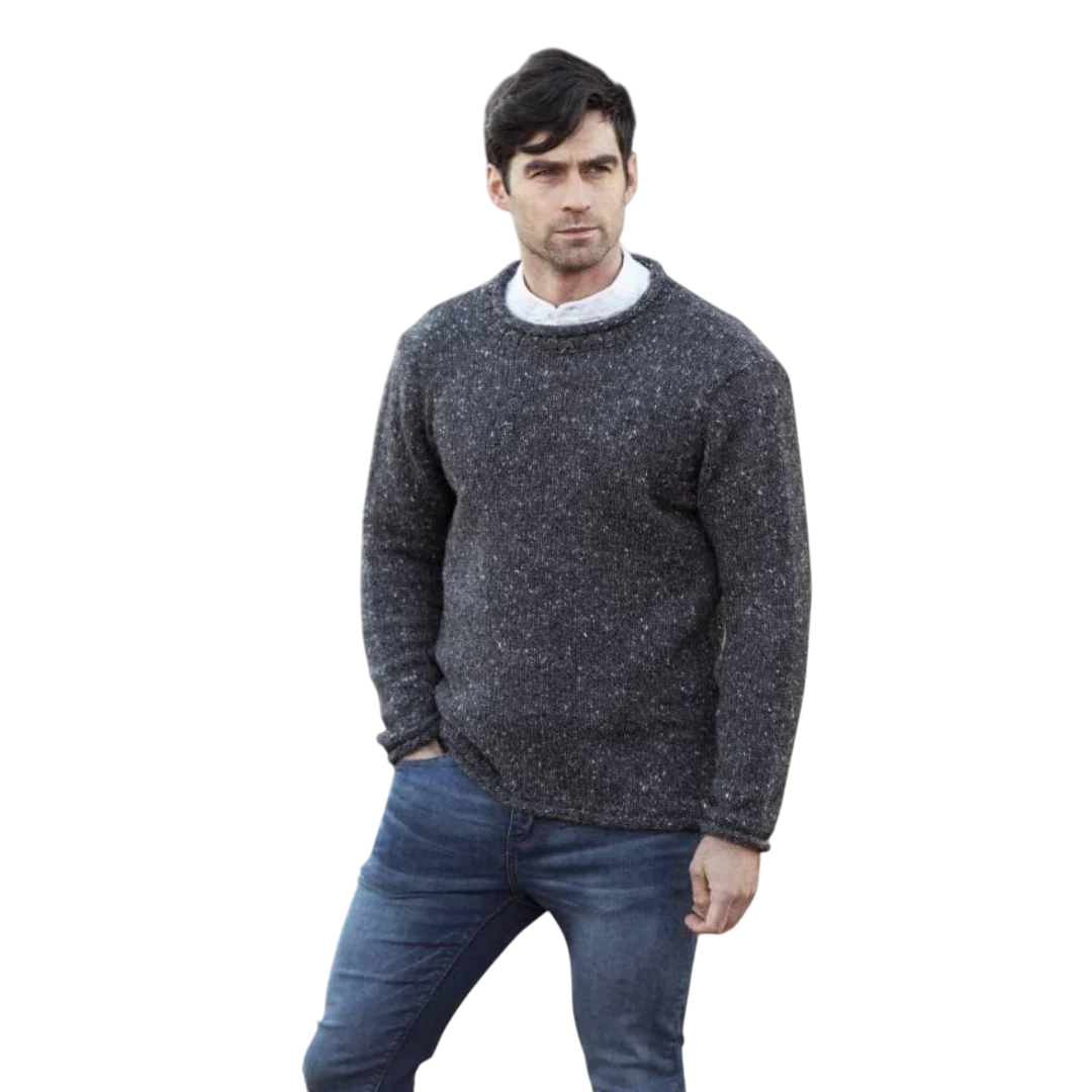 Men's Donegal Wool Curl Neck Charcoal Jumper