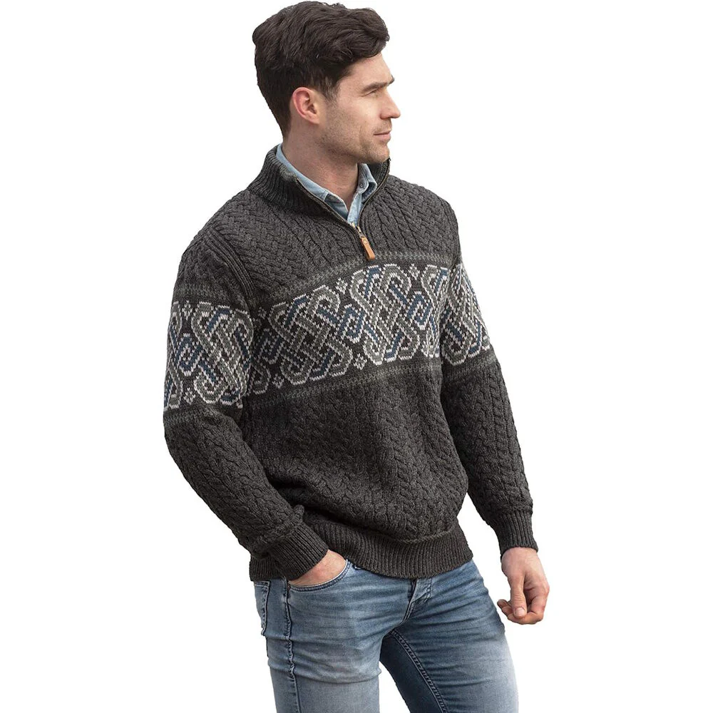 Men's Half Zip Celtic Jacquard Charcoal Aran Jumper