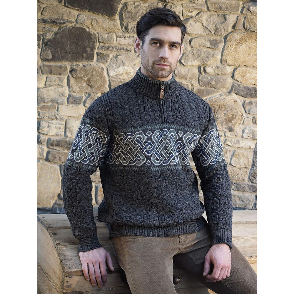 Men's Half Zip Celtic Jacquard Charcoal Aran Jumper - Image 3