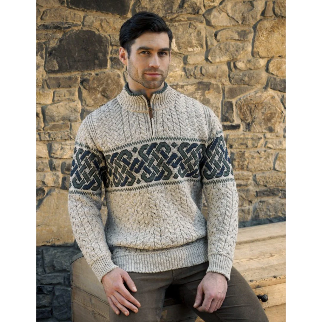 Men's Half Zip Celtic Jacquard Oatmeal Aran Jumper - Image 3