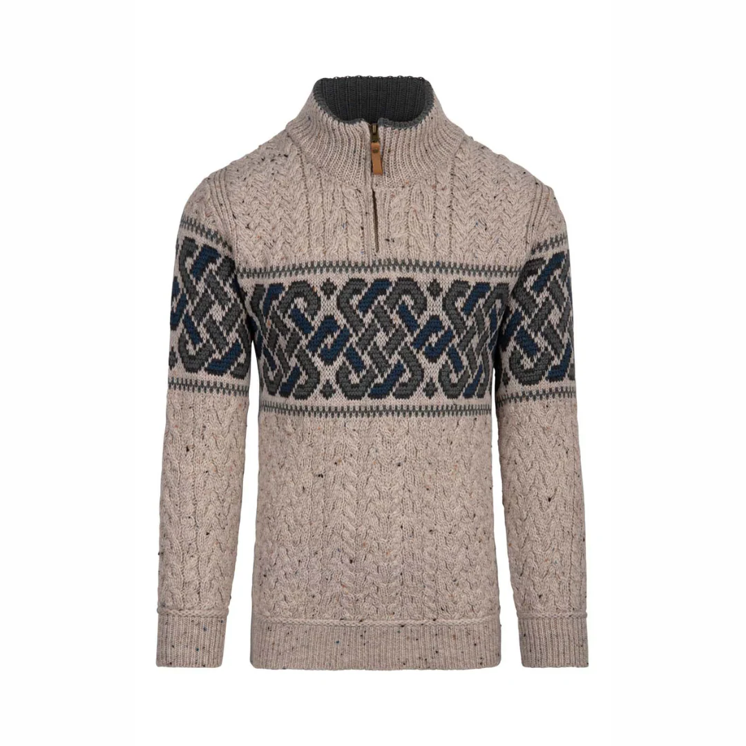 Men's Half Zip Celtic Jacquard Oatmeal Aran Jumper - Image 4