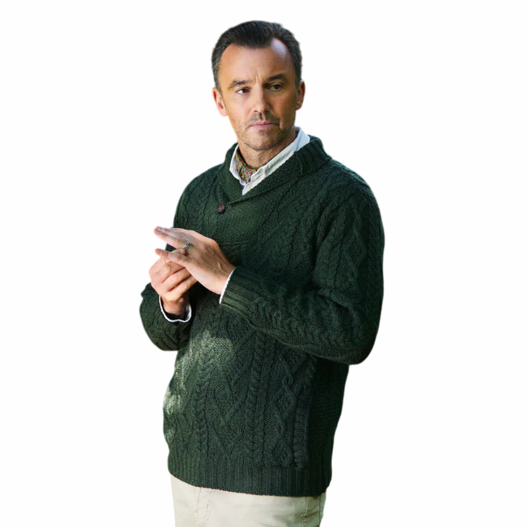 Men's Shawl Collar Aran Green Jumper
