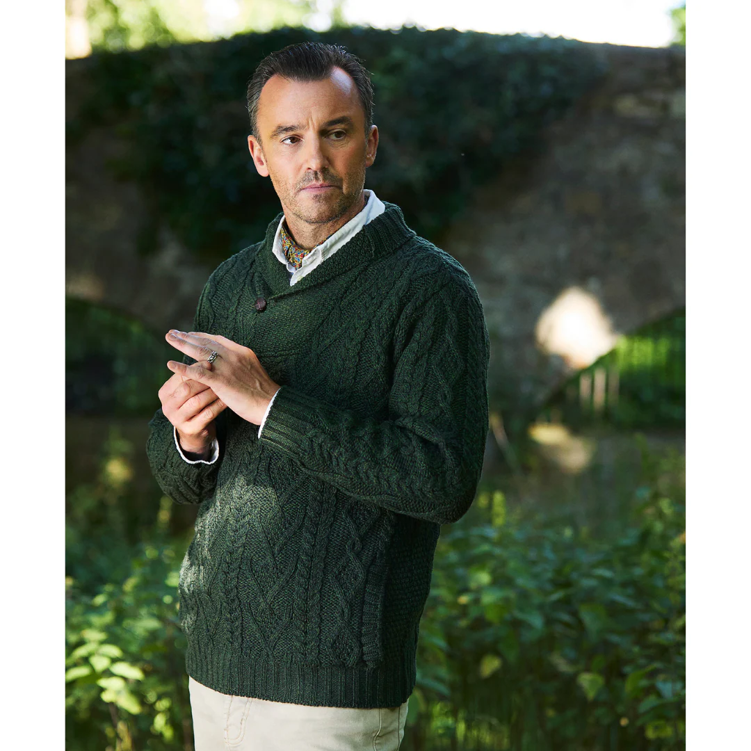 Men's Shawl Collar Aran Green Jumper - Image 2