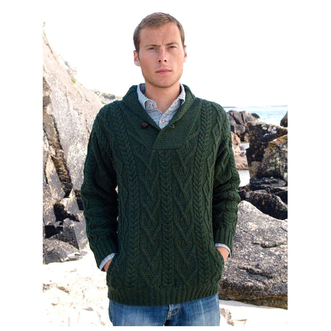 Men's Shawl Collar Aran Green Jumper - Image 3