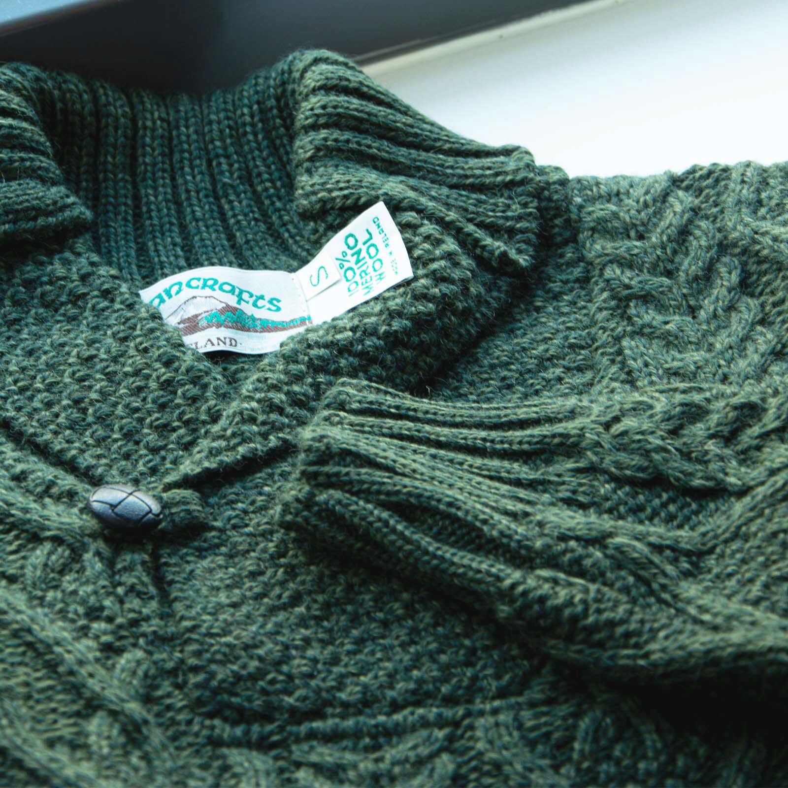 Men's Shawl Collar Aran Green Jumper - Image 7