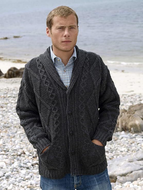 Men's Shawl Collar Grandfather Charcoal Cardigan - Image 2