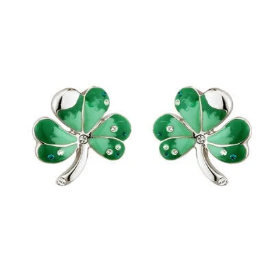 Rhodium Plated Shamrock Stud Earrings With Green Enamel Detail & Crystals