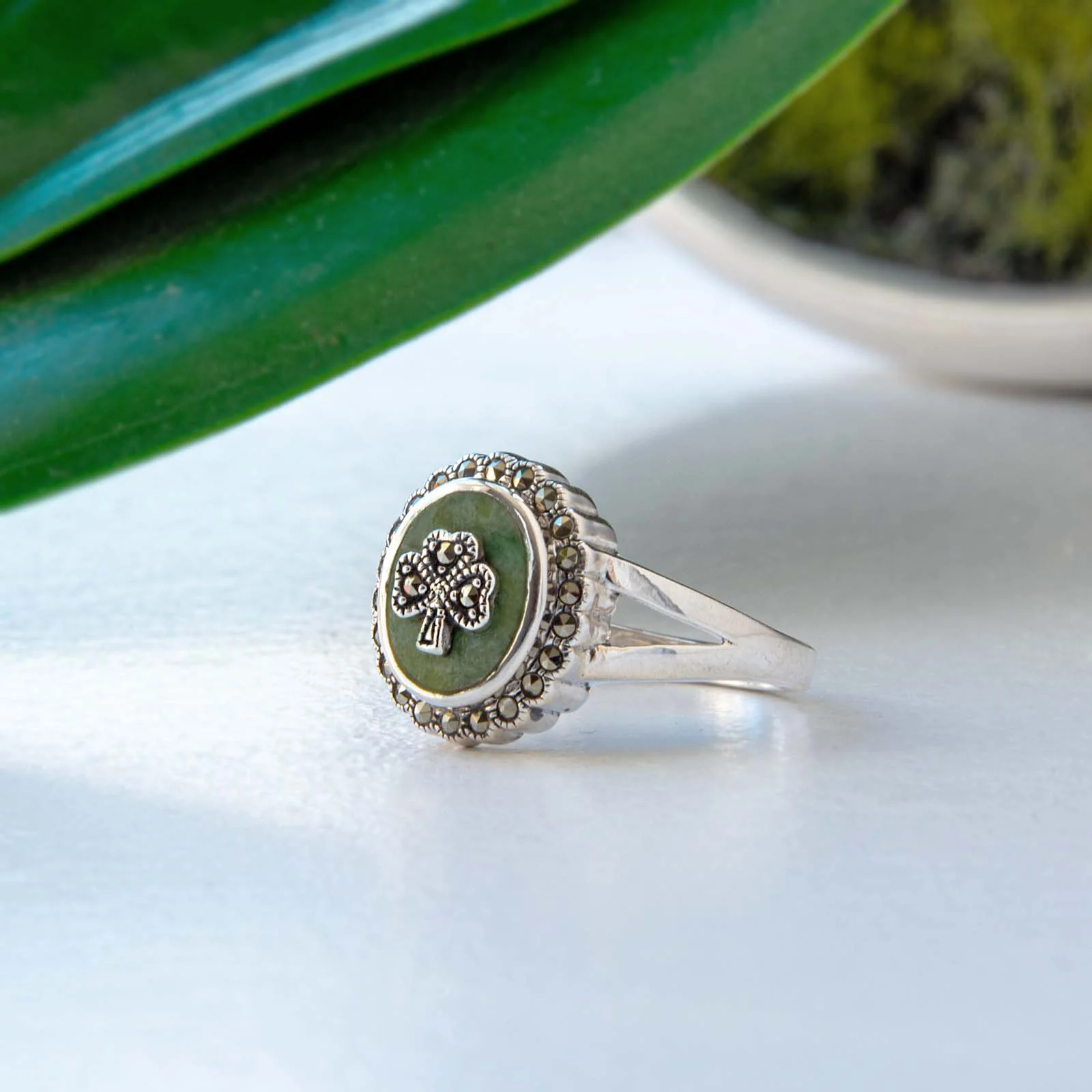 Silver Marcasite Shamrock Ring Connemara Marble - Image 3