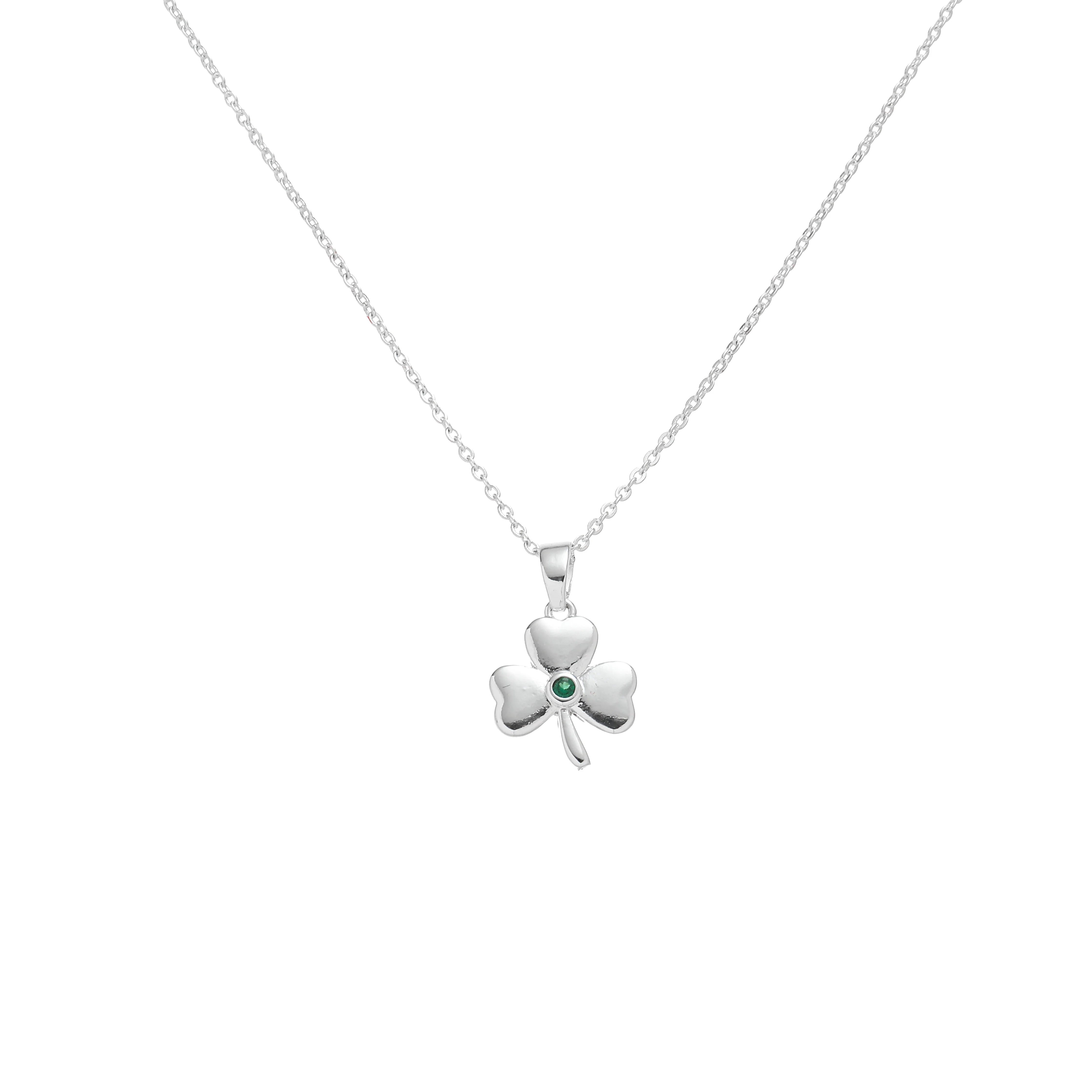 Silver Plated Shamrock Design Green Stone Pendant