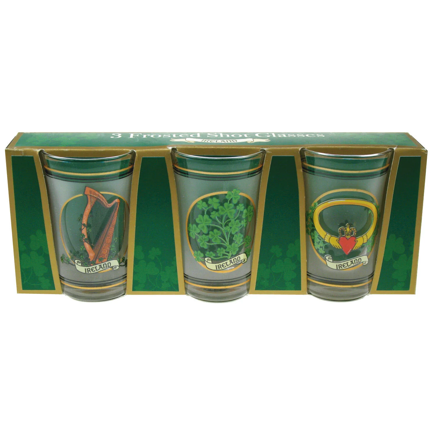 Three Pack Shot Glasses With Harp Shamrock & Claddagh Prints - Image 2