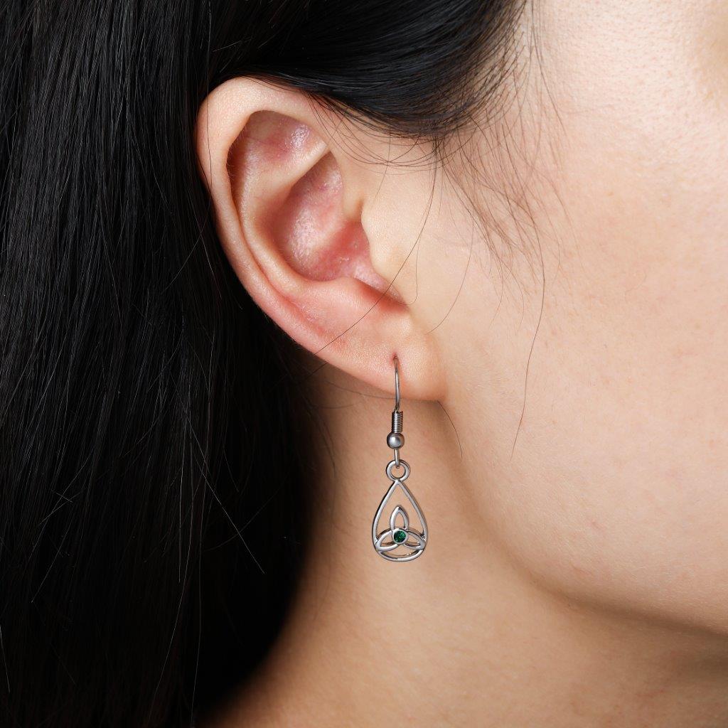 Trinity Knot In Teardrop Design Green Stone Earrings - Image 2