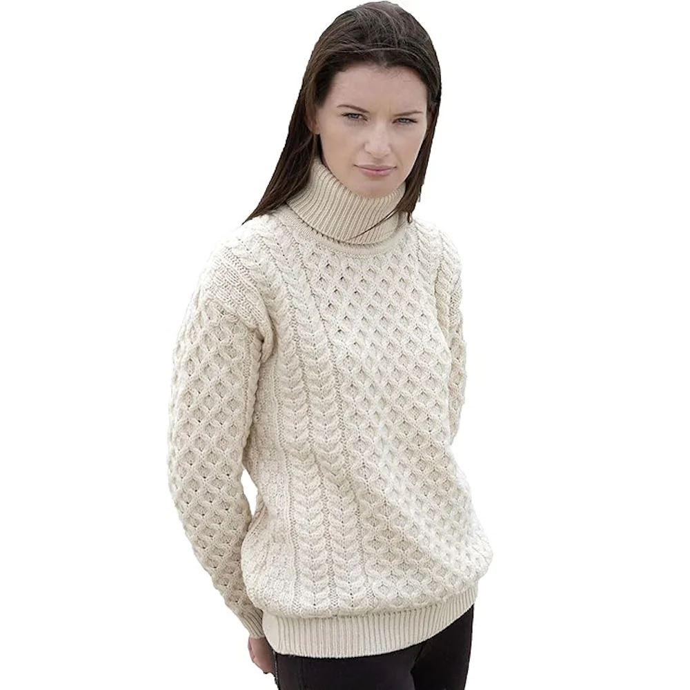 Unisex Irish Cable Knitted Soft Roll Neck Natural Jumper - Image 7