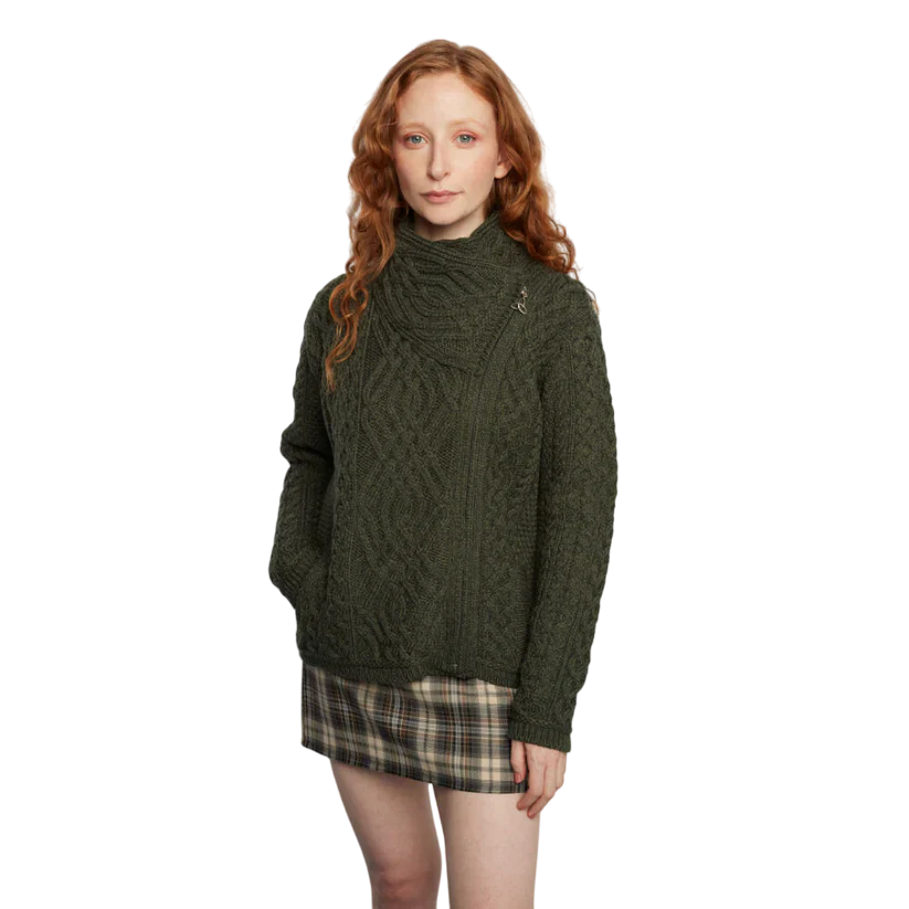 Women's Aran Cable Knit Side Zip Green Cardigan