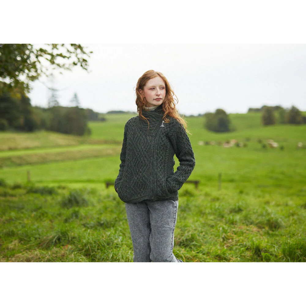 Women's Aran Cable Knit Side Zip Green Cardigan - Image 2