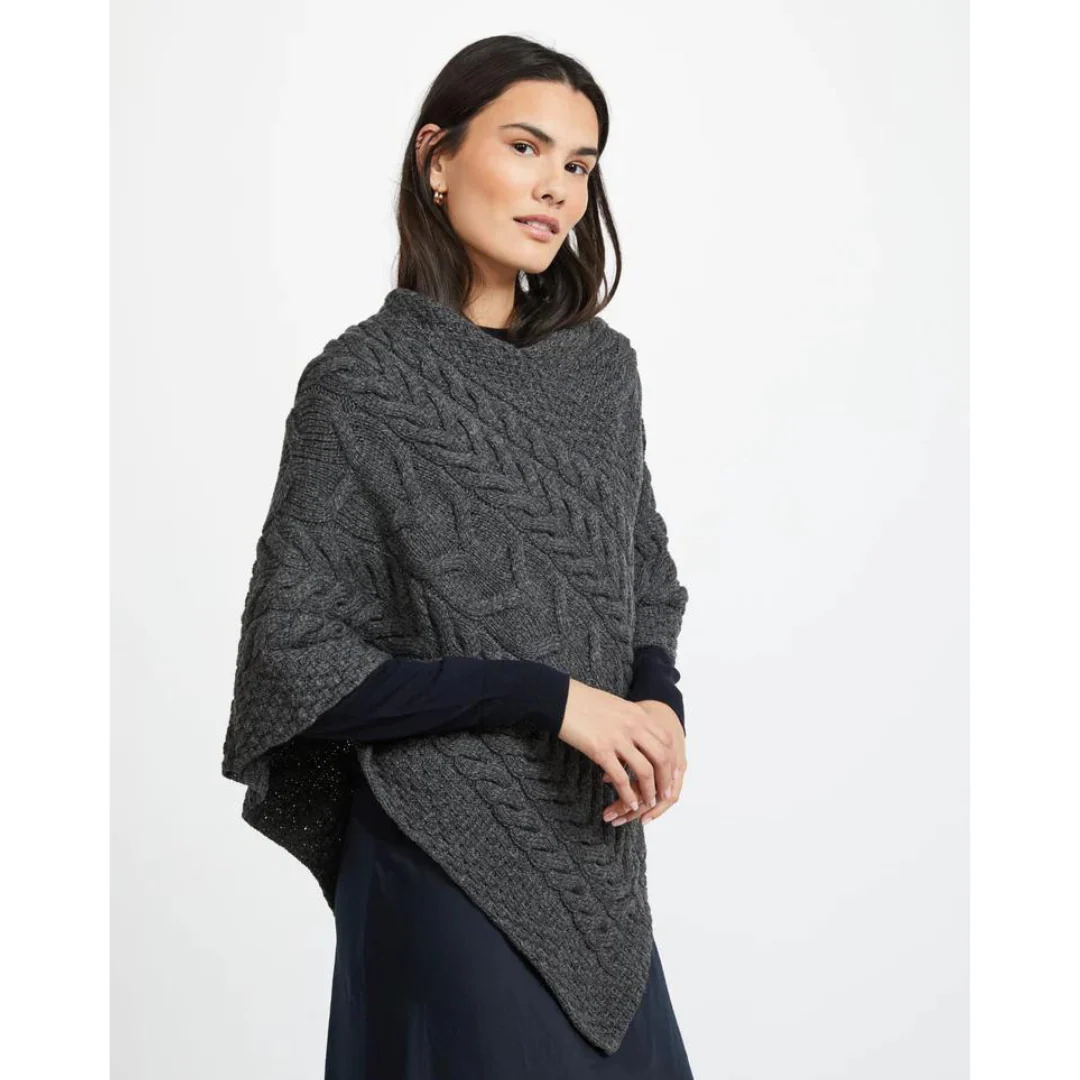 Women's Aran Cable Knit Triangular Charcoal Poncho - Image 2