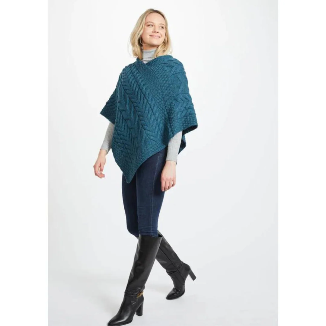 Women's Aran Cable Knit Triangular Teal Poncho - Image 5